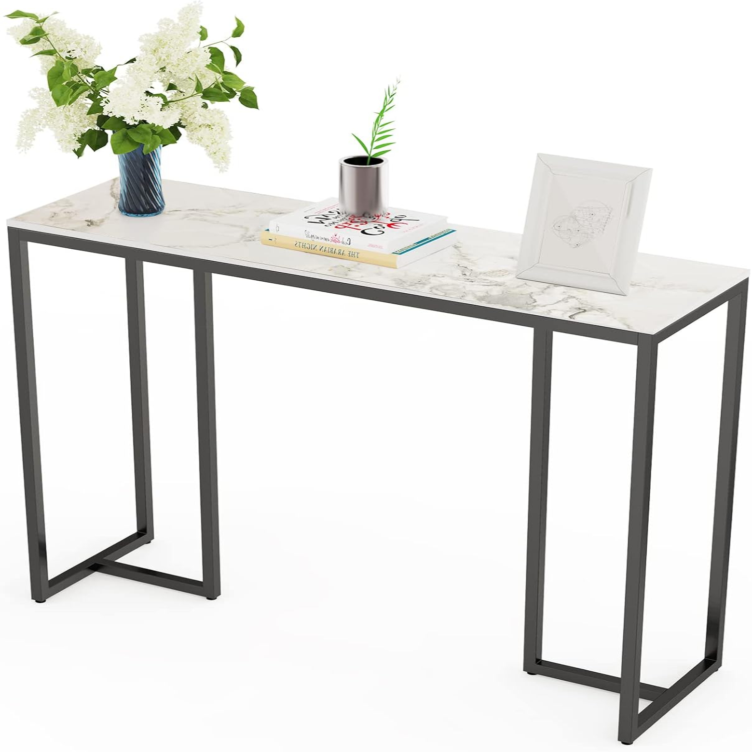 Sintered Stone Entryway Table White Console Table with Black Frame for