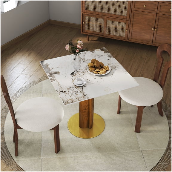 Sintered Stone Kitchen Table with Gold Base, 33.5" Square Dining Table for Two Person Small Space