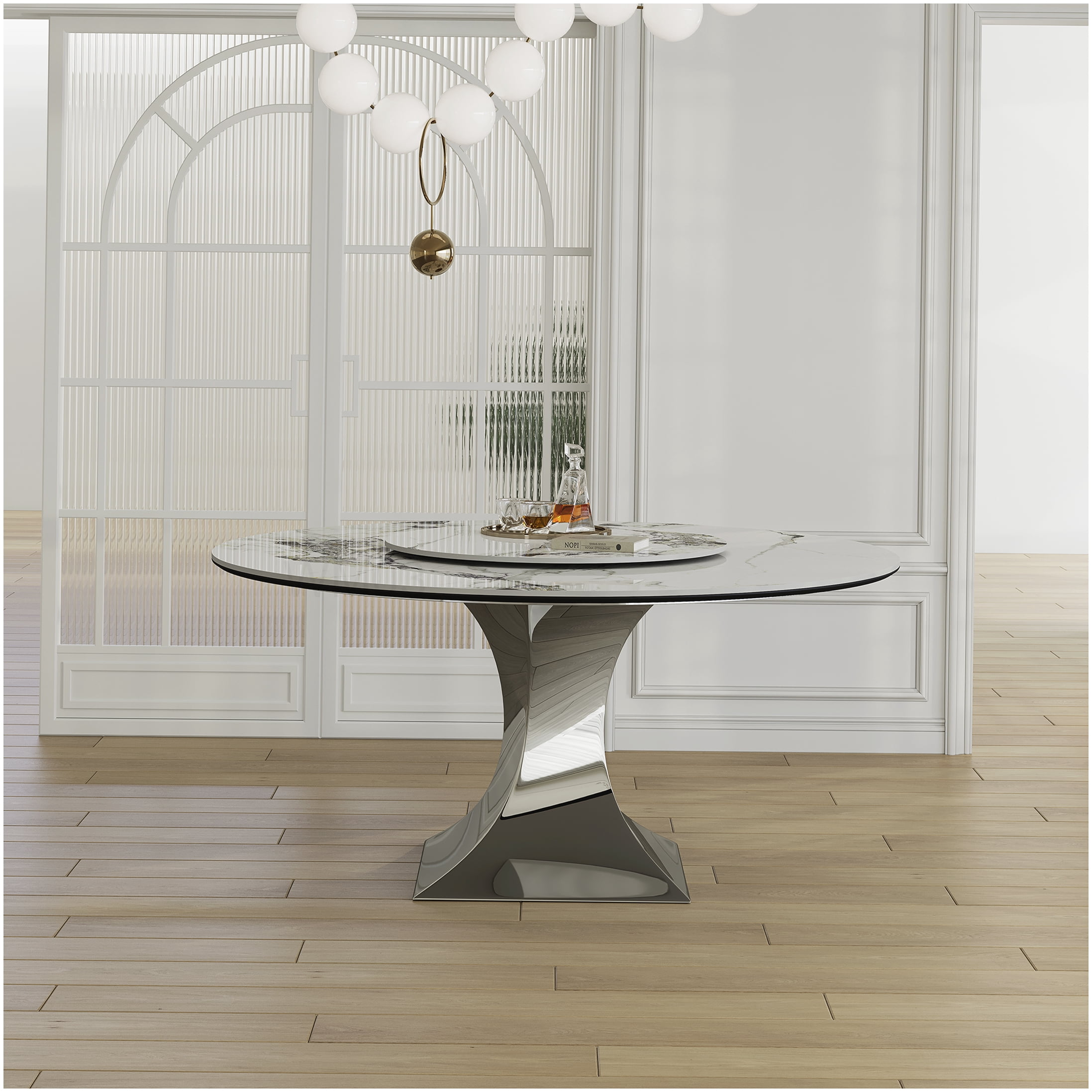 Sintered Stone Round Dining Table 59 Inch with Stainless Steel Base ...