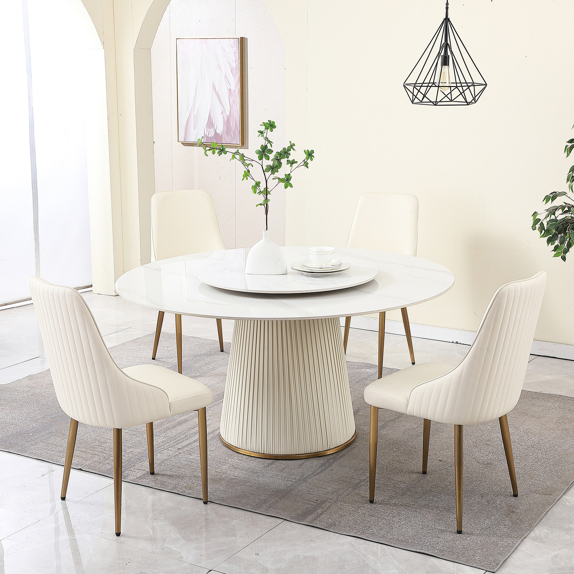 Sintered Stone Round Dining Table Set with Wood and Metal Pedestal and ...