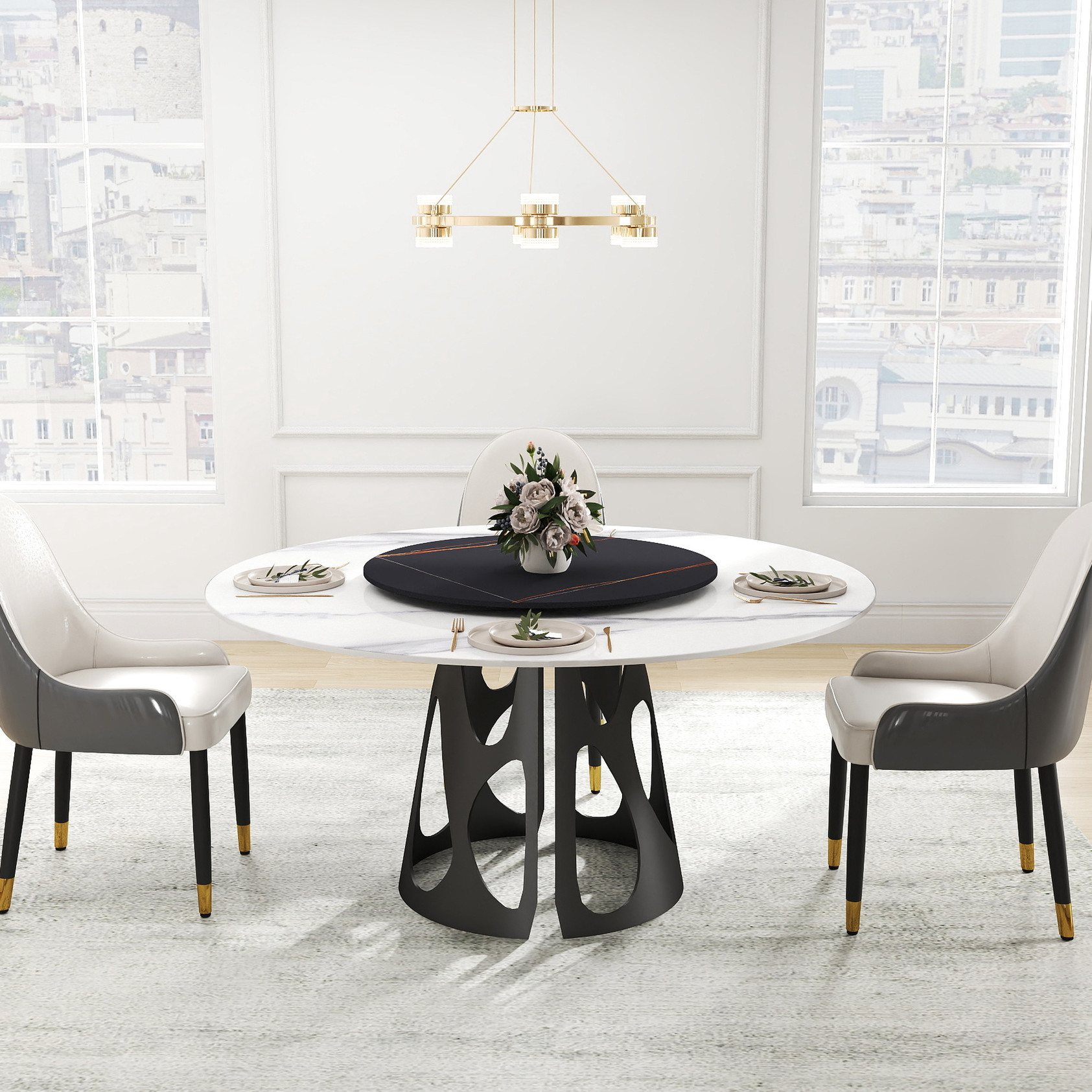Sintered Stone Round Dining Table with Black Metal Base / Fire - proof ...