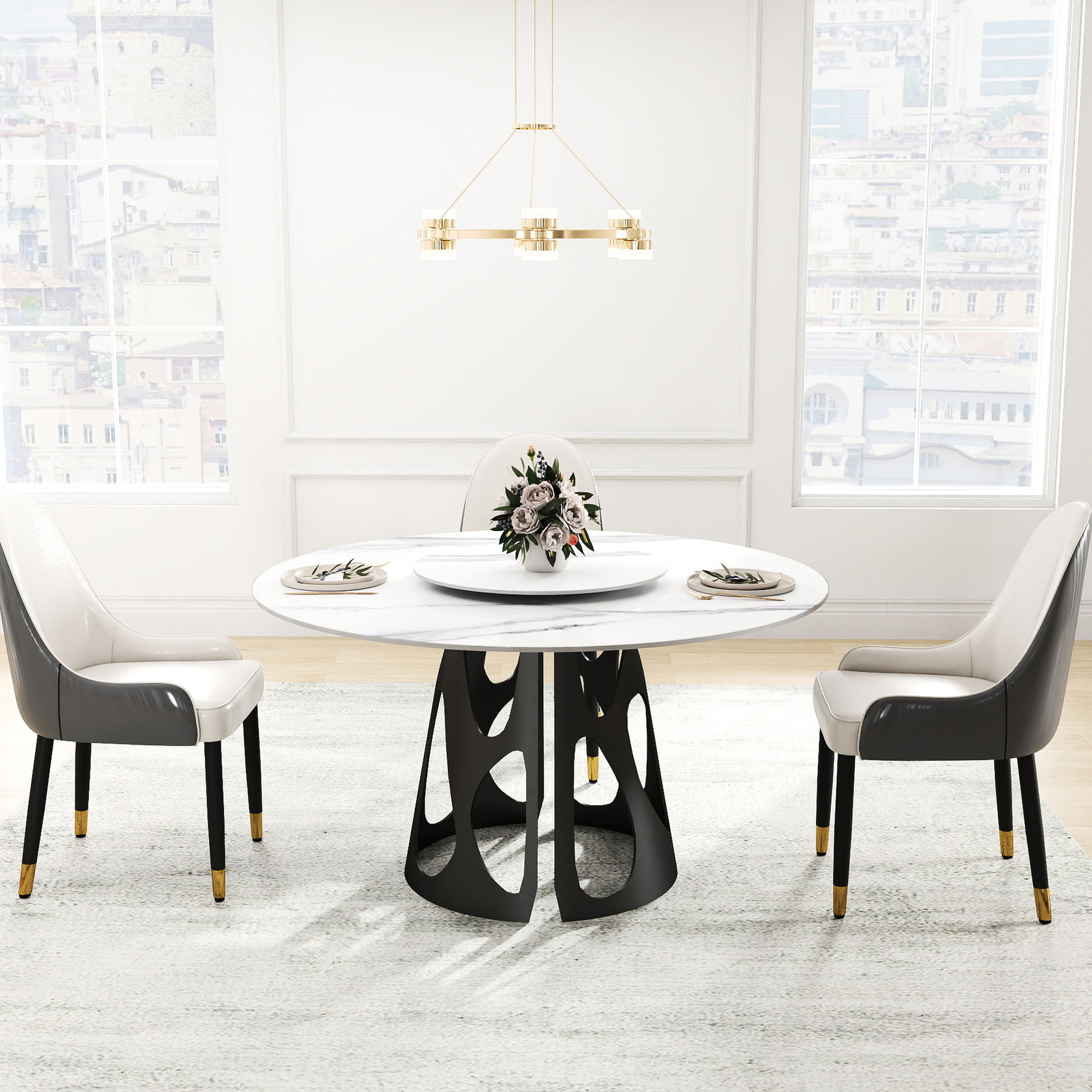 Sintered Stone Round Dining Table with Rotatable Disk and Stable Base ...