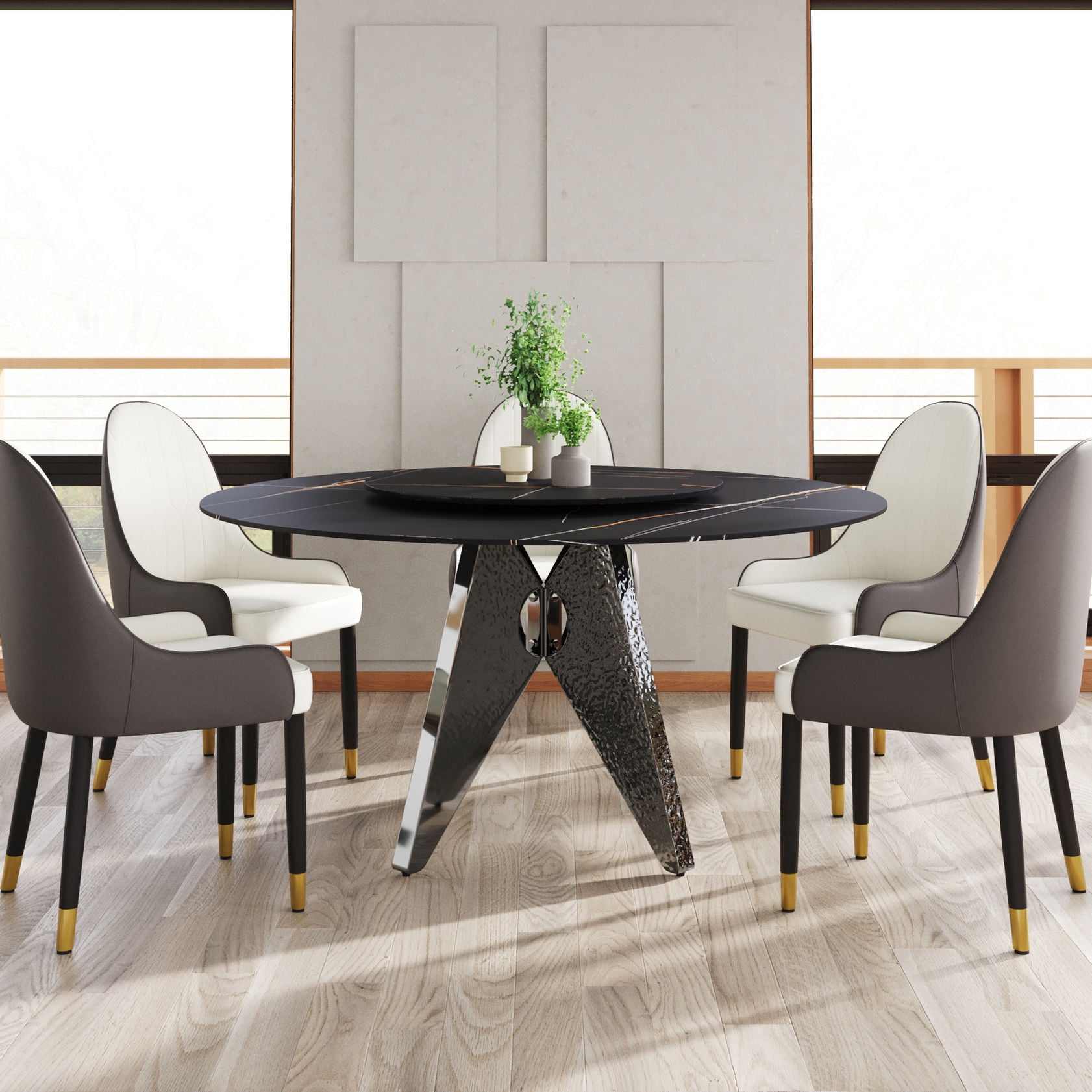 Sintered Stone Round Dining Table with Silver Design / Natural ...