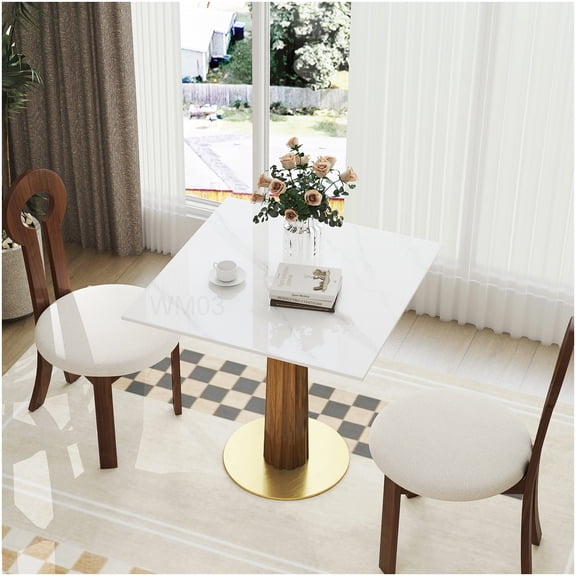 Sintered Stone Square Dining Table with Gold Base, Wooden Legs for Small Kitchen, Modern 2-Person Table