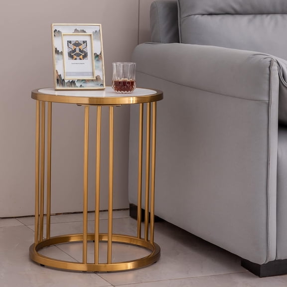 Sintered Stone Tabletop 15.7" Round End Table Golden Stainless Steel Frame Accent Table for Living Room and Bedroom