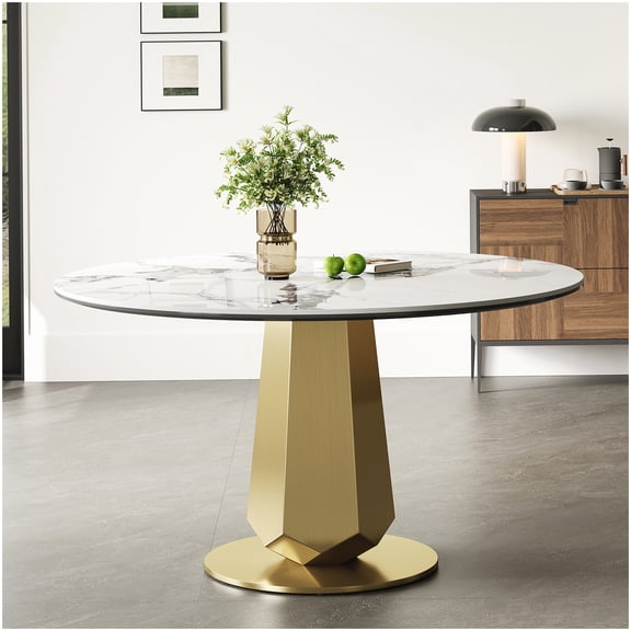 Sintered Stone Top Round Kitchen Table, Gold Metal Base Dining Table for Apartments, Easy to Assemble, Seats 4-8 People