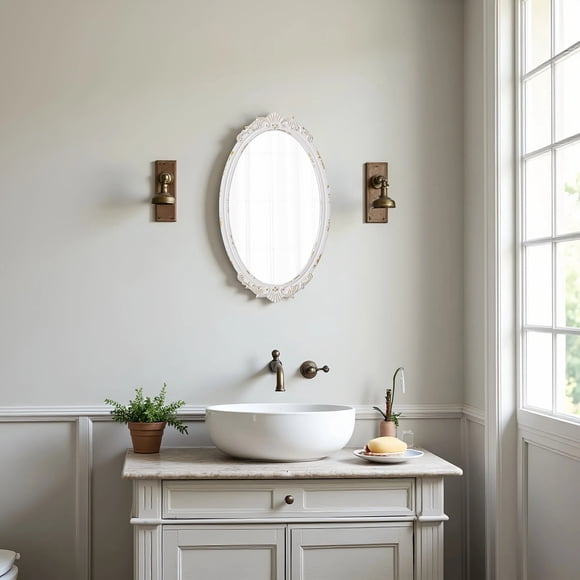 Sintosin Antique Wall Mirror 24" x 14", Distressed White Vintage Wood Ornate Glam Oval Mirrors for Living Room, Bathroom, Entryway & Bedroom Decor