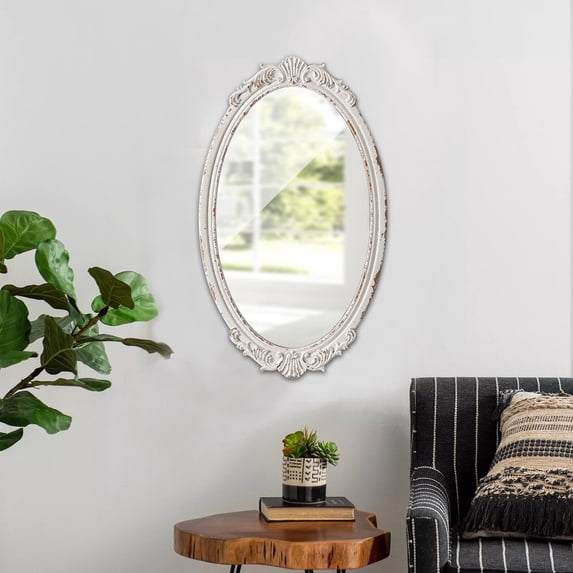 Sintosin Antique Wall Mirror 24" x 14", Distressed White Vintage Wood Ornate Glam Oval Mirrors for Living Room, Bathroom, Entryway & Bedroom Decor