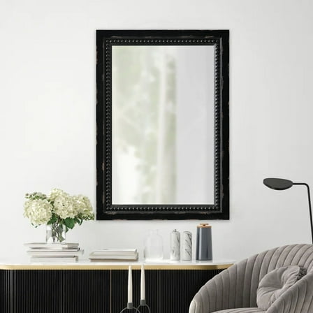 Sintosin Bathroom mirror 20 x 29 inch, Wall Mount Rustic Black Distressed Wood Frame with Beaded Detail, Farmhouse Rectangular Hanging Mirror Bedroom Bathroom