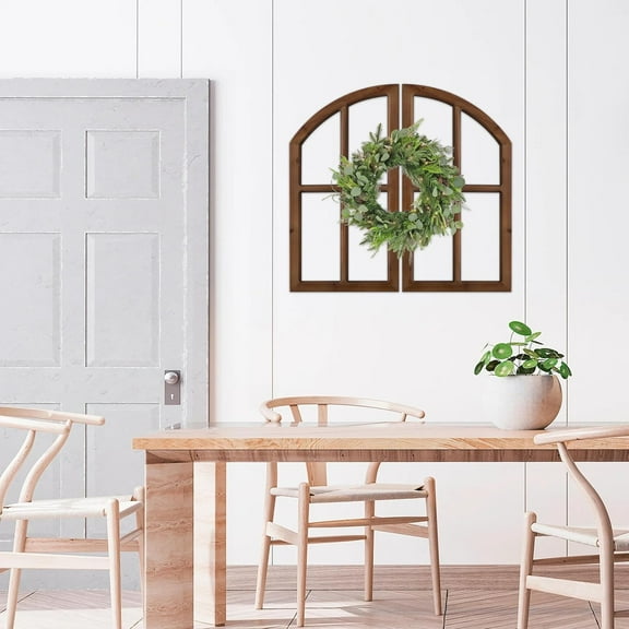 Sintosin Farmhouse Arched Window Frame Wall Decor 30 inch, Set of 2 Hanging Burning Finished Wooden Window Pane above Bed Wall Art, Rustic Home Decor for Living Room Fireplace Entryway Hallway