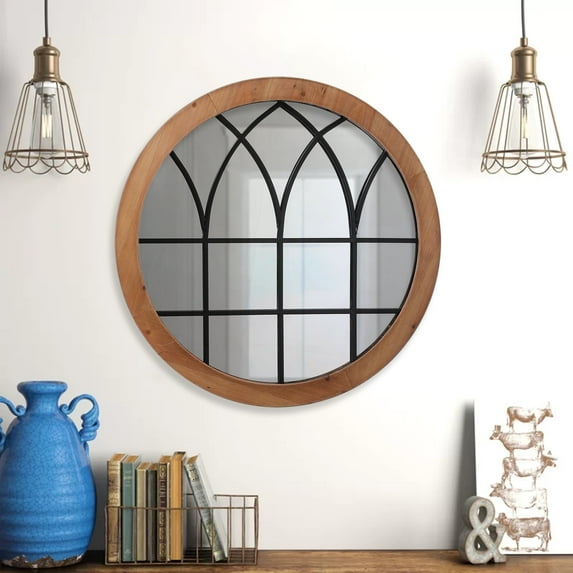 Sintosin Farmhouse Arched Window Mirror Decor 28", Hanging Rustic Large Black Round Mirror, Wood Round Window Mirrors for Wall Decor Centerpieces Fireplace Living Room Bedroom Bathroom