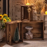 Sintosin Farmhouse Distressed Wood Storage Crates with Handles Set of 3, Large Brown Wooden Crate with Grid, Handmade Finish Storage Decoration Boxes for Home Farm Store