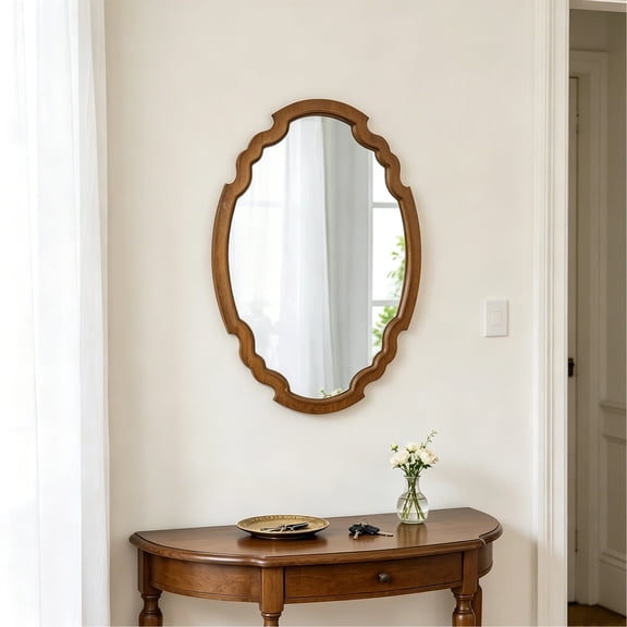 Sintosin Wall Mirror 16"x23" Oval, Farmhouse Rustic Wood Bathroom Mirror, Vintage Handmade Finish for Living Room, Bedroom & Entryway Decor
