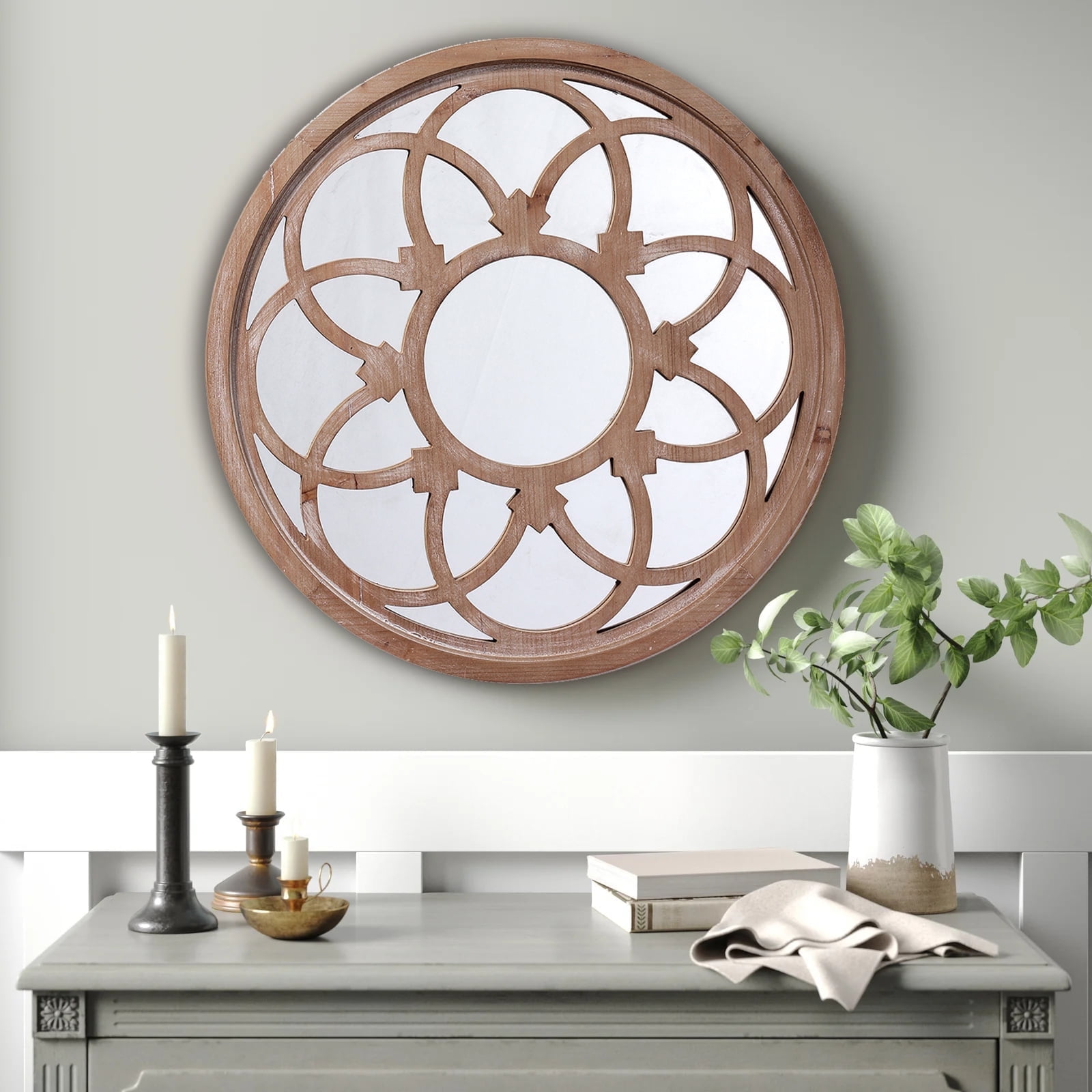 Sintosin Farmhouse Round French Window Mirrors for Wall Decor 24", Hanging Distressed Rustic Wooden Framed Window Mirror, Decorative Country Decor for Living Room Entryway Hallway