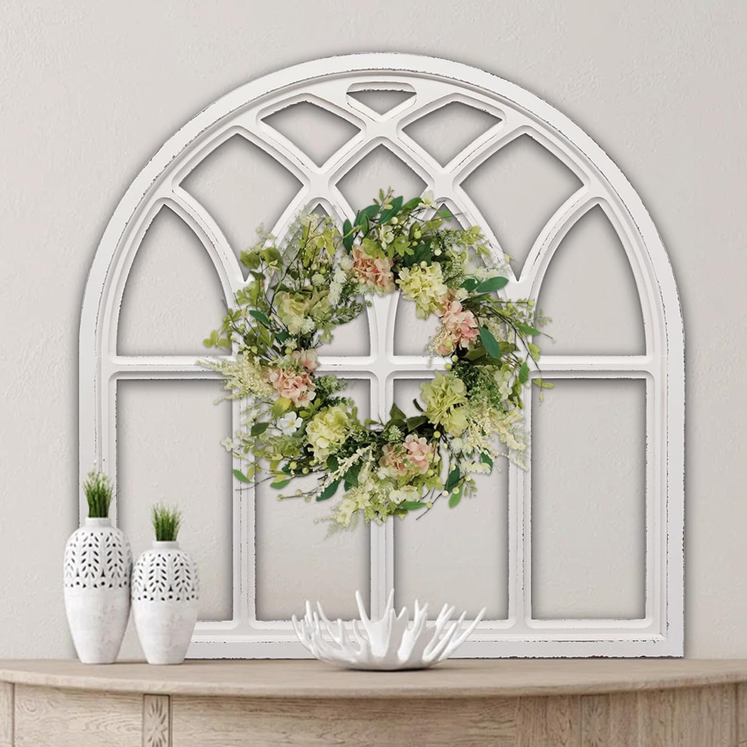 Sintosin Farmhouse White Arched Window Frame Decor 32", Hanging Distressed Wooden Rustic Window ...