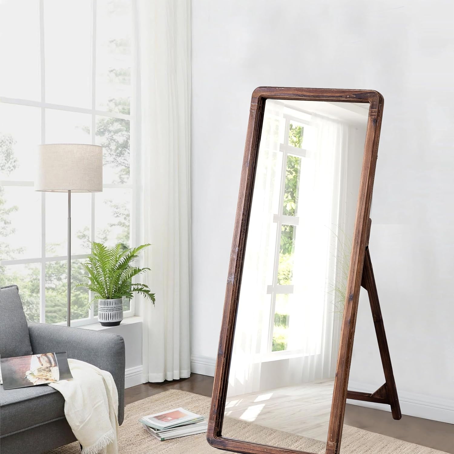 Sintosin Farmhouse Wood Frame Full Length Mirror with Stand 16" x 43 ...