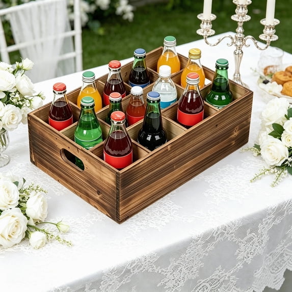 Sintosin Farmhouse Wooden Storage Crate for Decoration 13 x 10 inches, Rustic Beer Holder Box, Wood Crate Box for Crafts, Beverage Serving Caddy with Carrying Handles, 12 Individual Slots