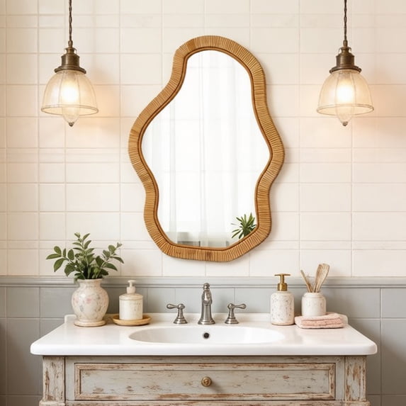 Sintosin Bathroom Mirrors,Boho Woven Rattan Wall Bathroom Mirror 22"x30", Handmade Decorative Mirror for Farmhouse, Coastal & Modern Decor