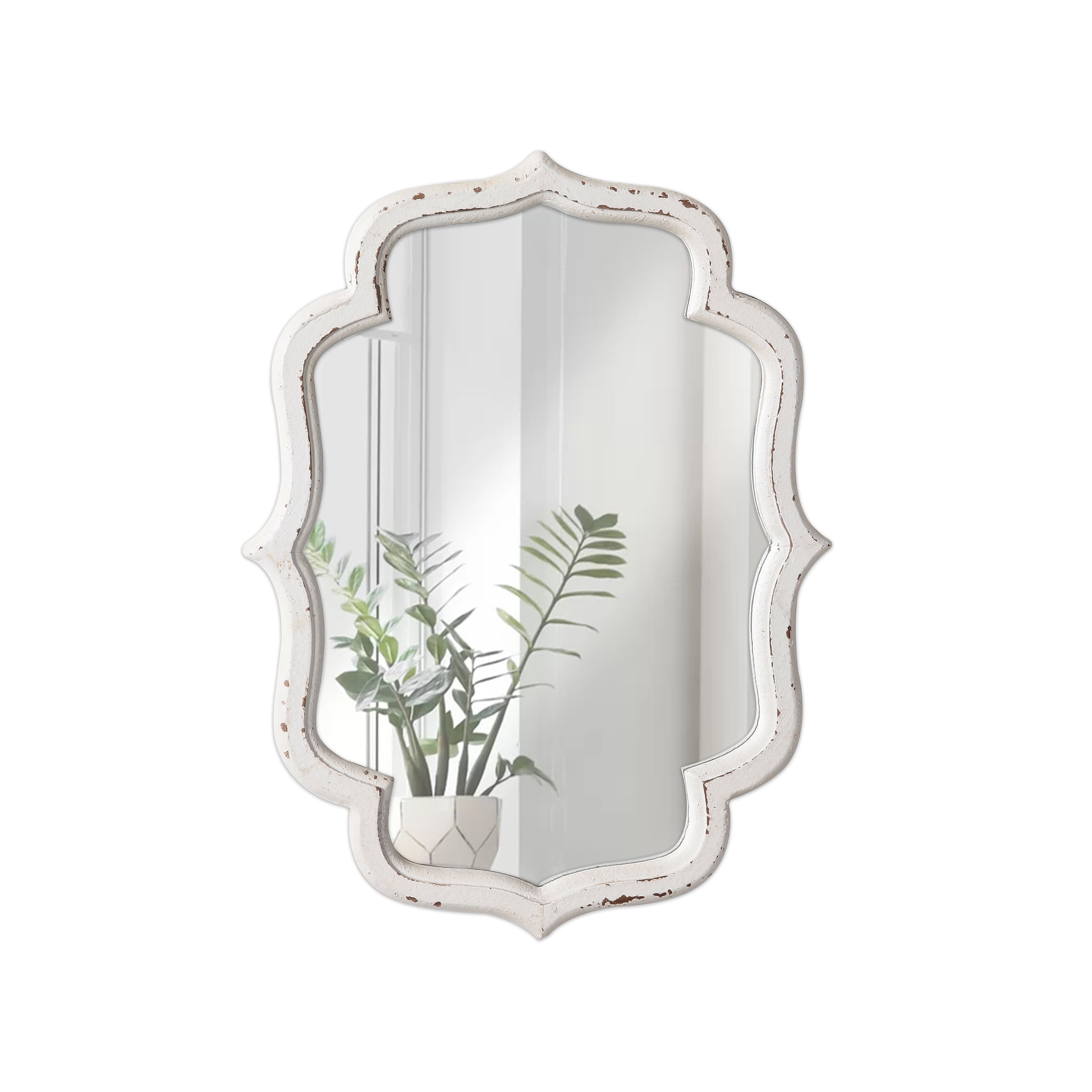 Rustic Distressed White Wood Quatrefoil Wall Mirror 16 x 12 Inch
