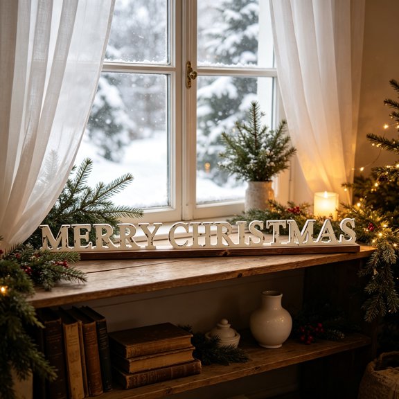 Sintosin Merry Christmas Wooden Signs for Home Decor, Rustic Distressed White Tabletop decoration, 35.8" x 2" x 3.5", Wood