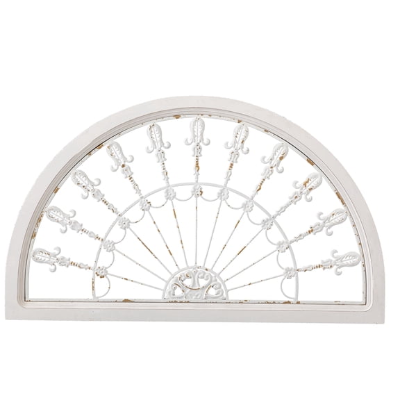 Sintosin Metal Wall Art Decor, Distressed White Iron Window Pane Design, Wood Fan Shape French Country Rustic Wall Hanging for Living Room Bedroom Home Decoration