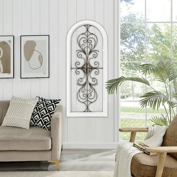 Sintosin Metal Wall Decor 13x32 Inch, Farmhouse Wrought Iron Scroll Art with White Distressed Wood Frame, Rustic Home Accent for Living Room, Bedroom, Kitchen Entryway