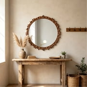 Sintosin Round Wall Mirror, 23.8" Antique Brown Carved Wood Sunburst Mirror, Vintage Ornate Decorative Mirror for Bathroom Vanity Entryway Living Room