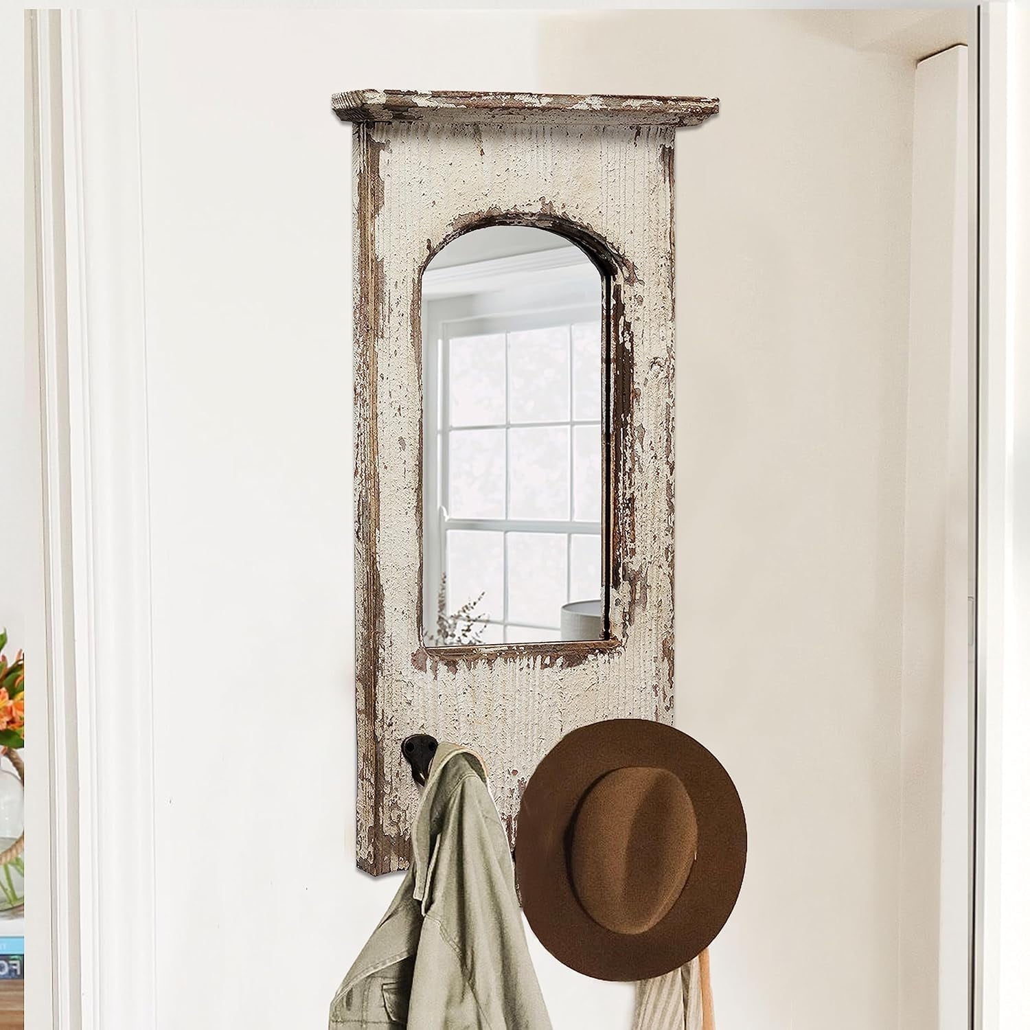 Distressed White Arched Wood Wall Mirror with Hooks