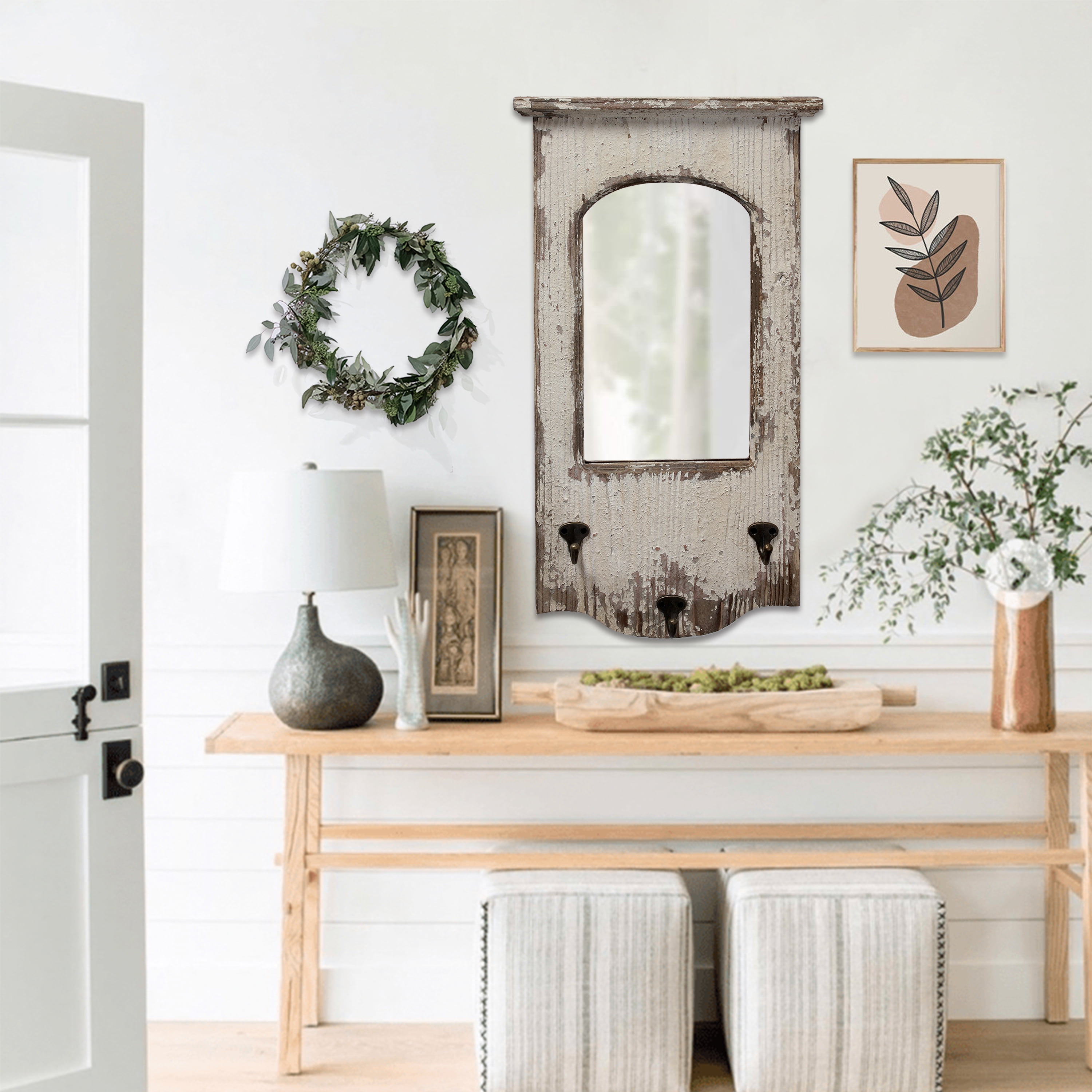 Sintosin Rustic Entryway Arched Wall Mirrors with 3 Metal Hooks 12" x