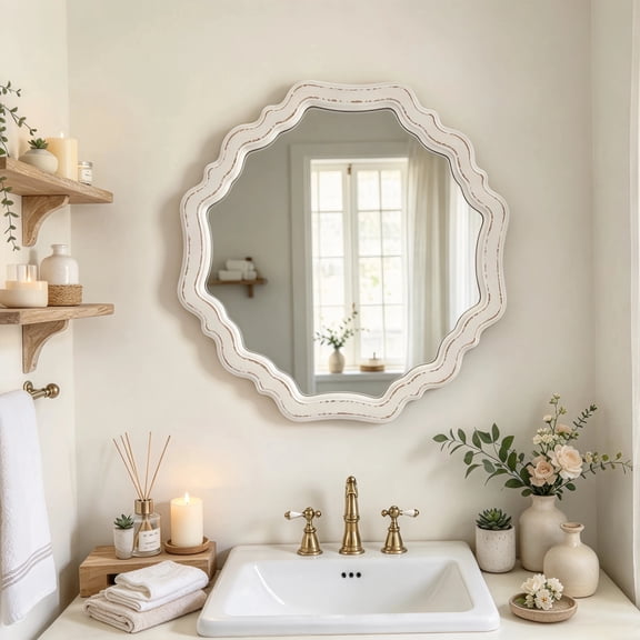 Sintosin Rustic Wooden Round Mirror, 15.7" Scalloped White Vanity Mirror for Bathroom Living Room Decor