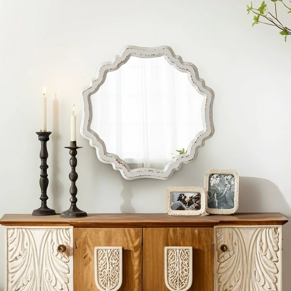 Sintosin Rustic Wooden Round Mirror, 15.7" Scalloped White Vanity Mirror for Bathroom or Living Room Decor