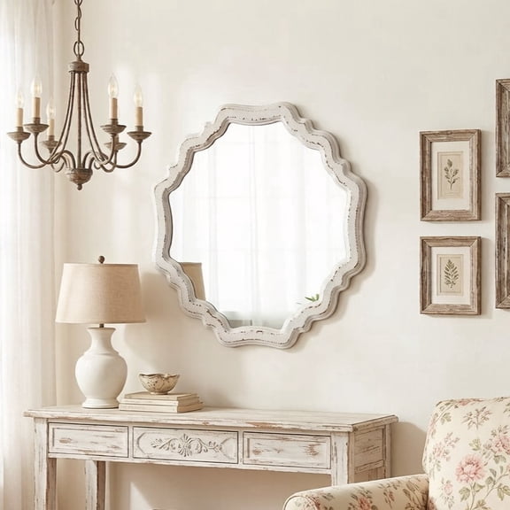 Sintosin Rustic Wooden Round Mirror, 15.7" Scalloped White Vanity Mirror for Bathroom or Living Room Decor