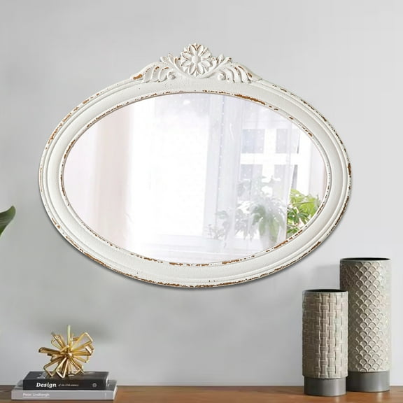 Sintosin Rustic Wall Mirror 24"L x 19"H - Handmade Vintage Bathroom Mirror, Farmhouse Distressed White Oval for Bedroom Home Decor
