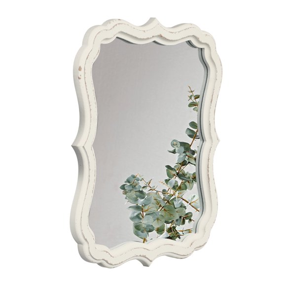 Sintosin Rustic Distressed Wood Wall Mirror with Scalloped Edge, Vintage Decor for Bedroom and Living Room, White