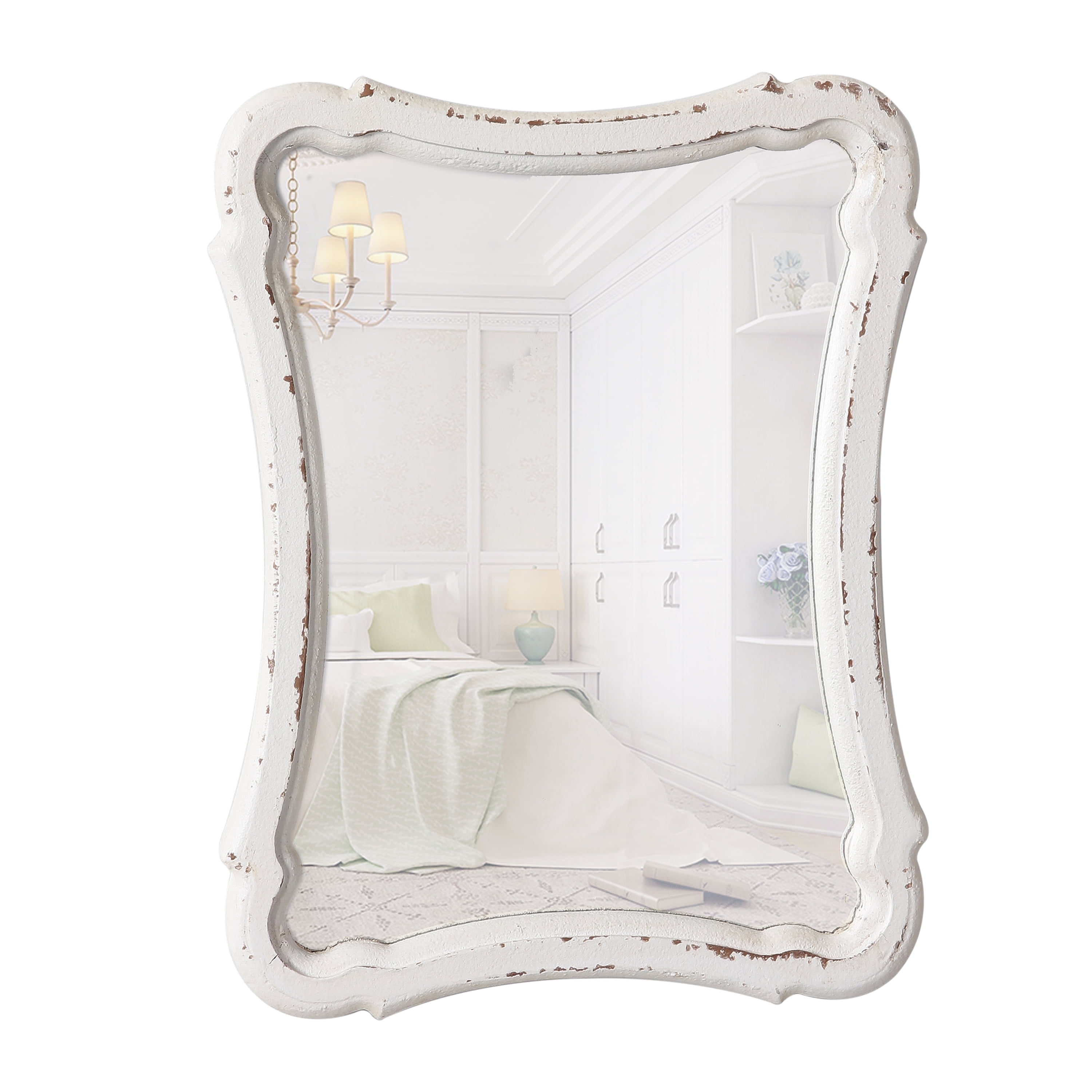 Distressed White Rustic Wood Framed Small Wall Mirror