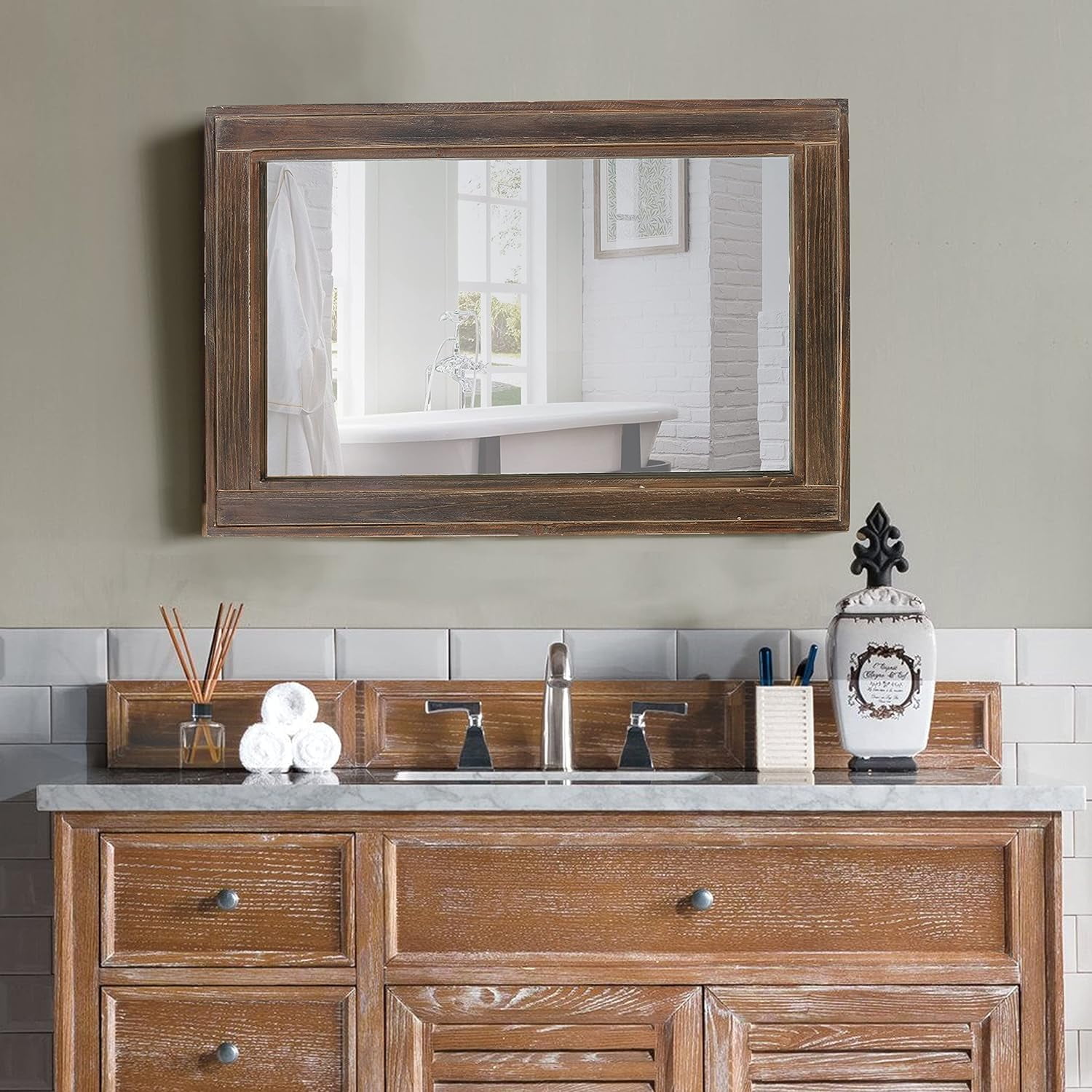 Sintosin Rustic Wooden Spliced Wall Mirror for Bathroom, 24" x 36" Hanging Handmade Farmhouse Large Rectange Mirrors for Wall Decor, Vertical or Horizontal Decorative Wall Mounted Mirrors Living Room