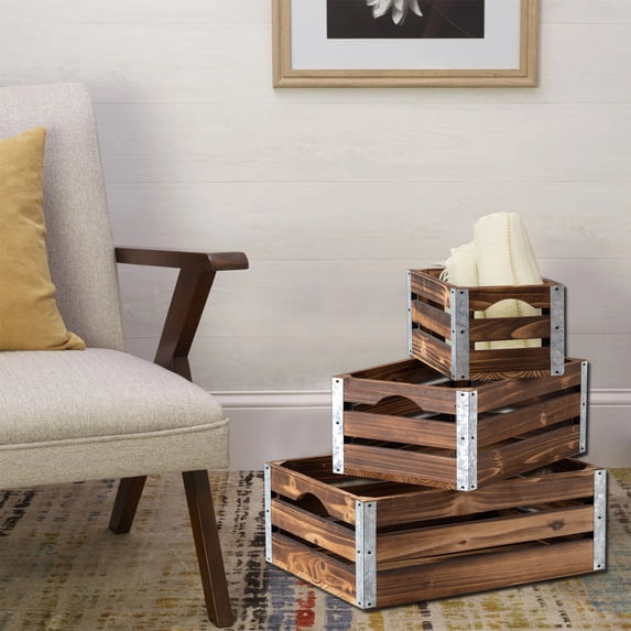 Sintosin Farmhouse Wooden Storage Box Set of 3, Distressed Small Wooden Crates with Metal Corners, Brown