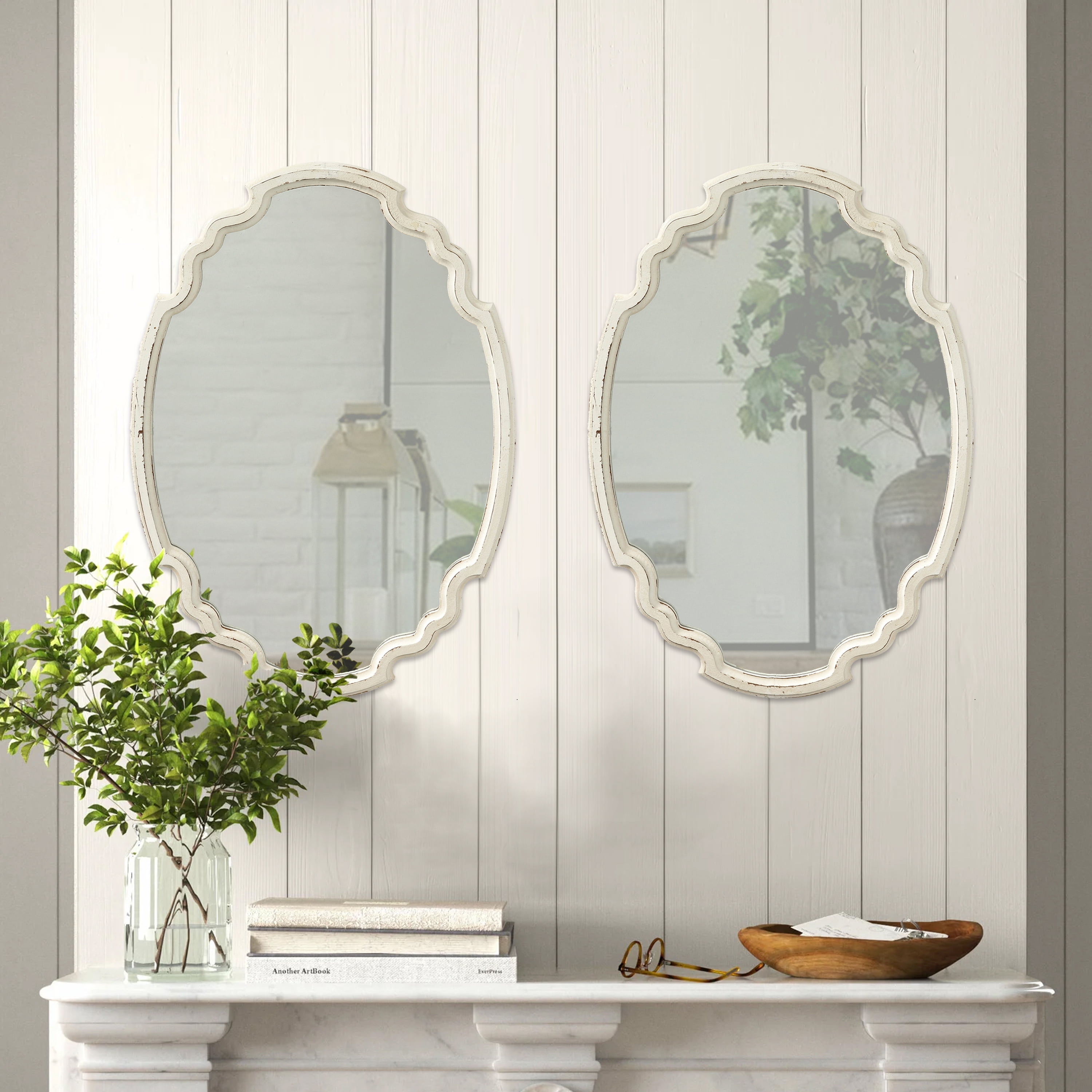 Sintosin Set of 2 Rustic White Mirrors Home Decor, 17" x 24" Oval Wood