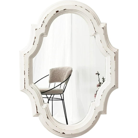 Sintosin Vintage Oval Mirrors for Wall Decor 11", Handmade Distressed White Rustic Scalloped Mirror Wall Decor, Hanging Farmhouse Wood Entryway Mirror, Ornate Accent Sculpted Mirror for Bedroom