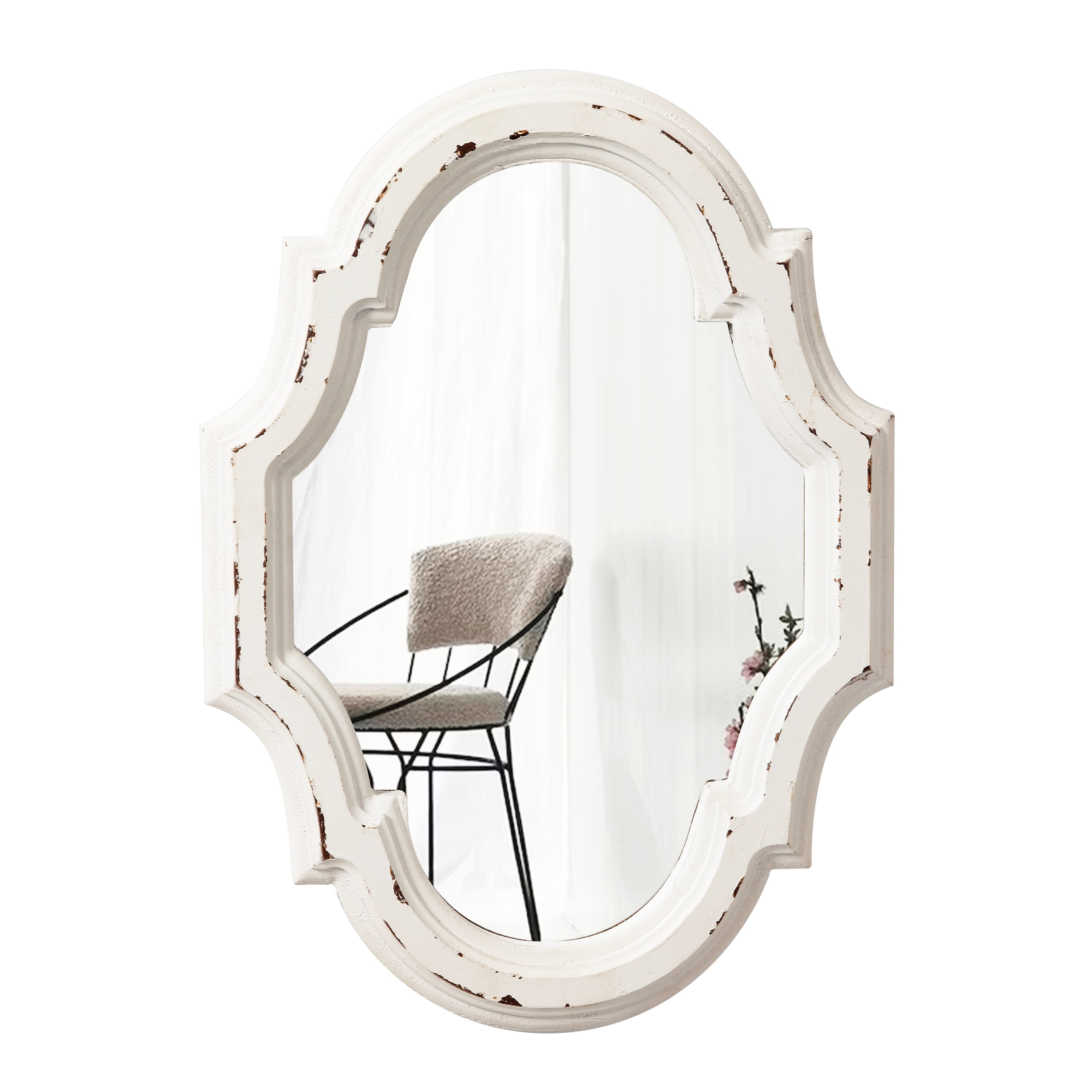 Small Distressed White Oval Wood Wall Mirror