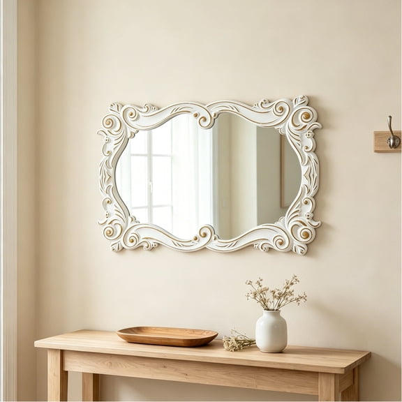 Sintosin Vintage Oval Wall Mirror with Wavy Edge - Distressed White Wood Frame, 16.9x24.2 Inch, Horizontal or Vertical Hanging for Bathroom, Entryway, Bedroom, Living Room Decor
