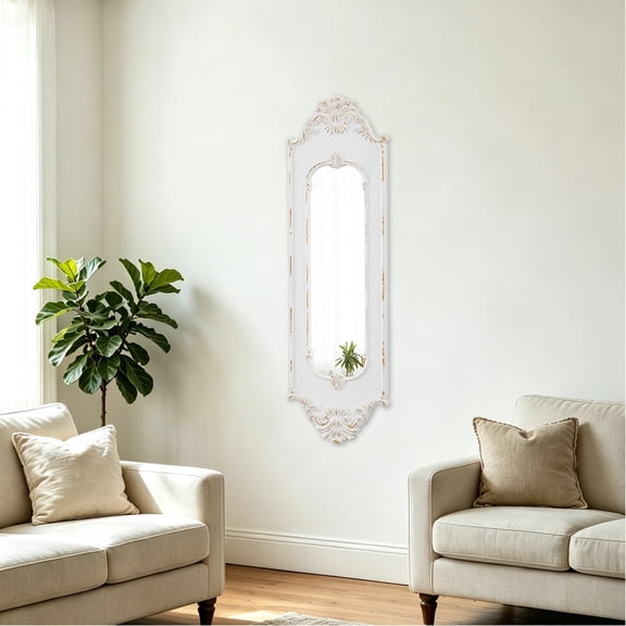 Sintosin Vintage Rectangular Wall Mirror 13" x 40" with Distressed White Carved Wood Frame, Rustic Decorative Mirror for Living Room, Bedroom, Entrance