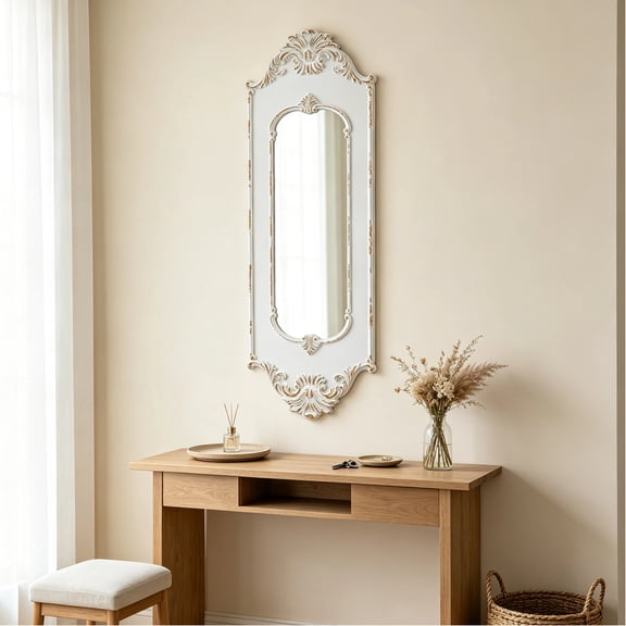 Sintosin Vintage Rectangular Wall Mirror 13" x 40" with Distressed White Carved Wood Frame, Rustic Decorative Mirror for Living Room, Bedroom, Entrance