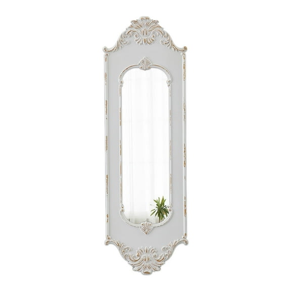 Sintosin Vintage Rectangular Wall Mirror 13" x 40" with Distressed White Carved Wood Frame, Rustic Decorative Mirror for Living Room, Bedroom, Entrance
