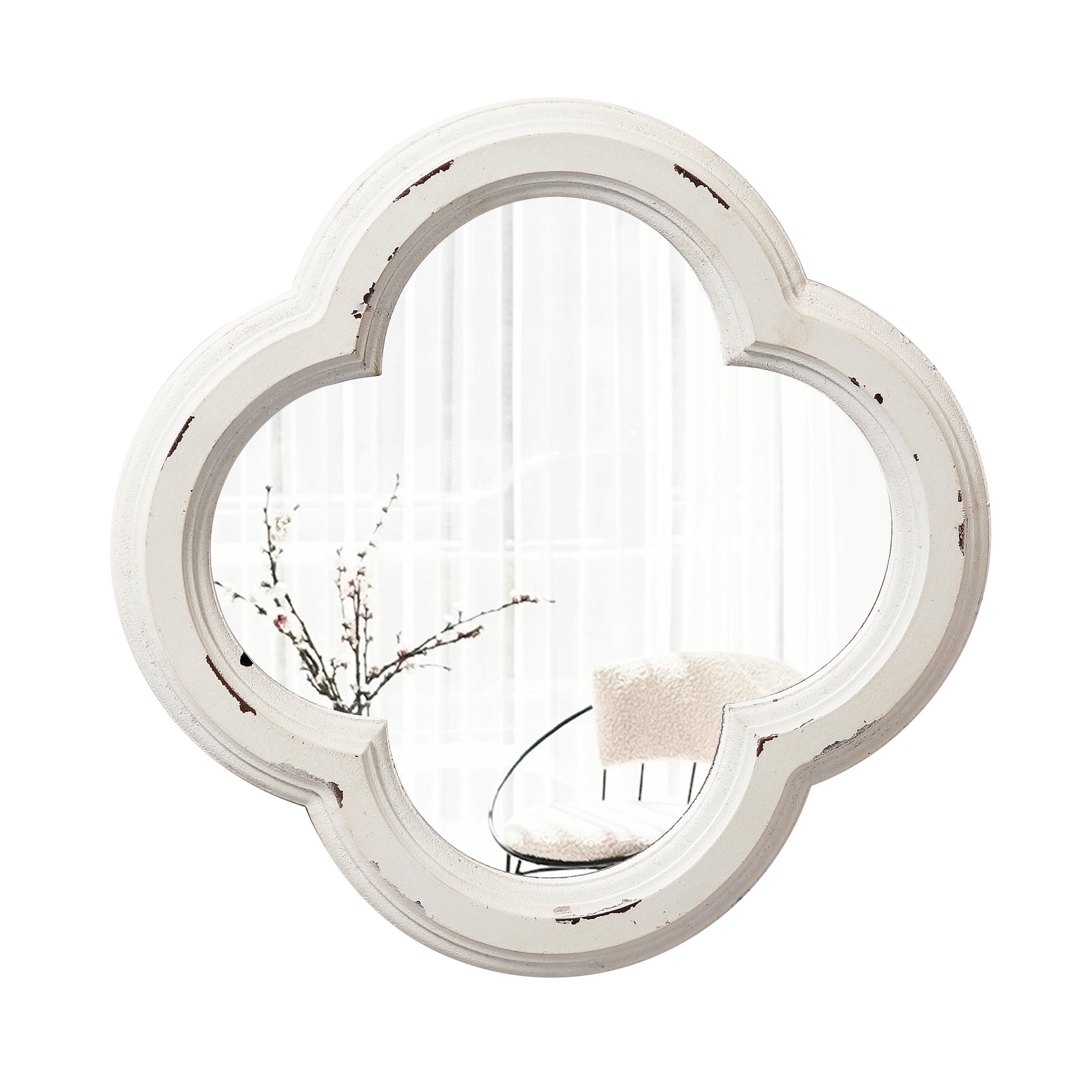 Distressed White Quatrefoil Wooden Wall Mirror 8.9"