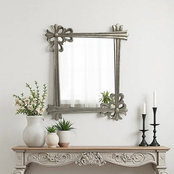 Sintosin Vintage Small Wall Mirror 24X28 inch, Silver Floral Distressed Metal Look Wood Frame, Decorative Square Accent Mirror for Bathroom, Bedroom, Entryway Decor