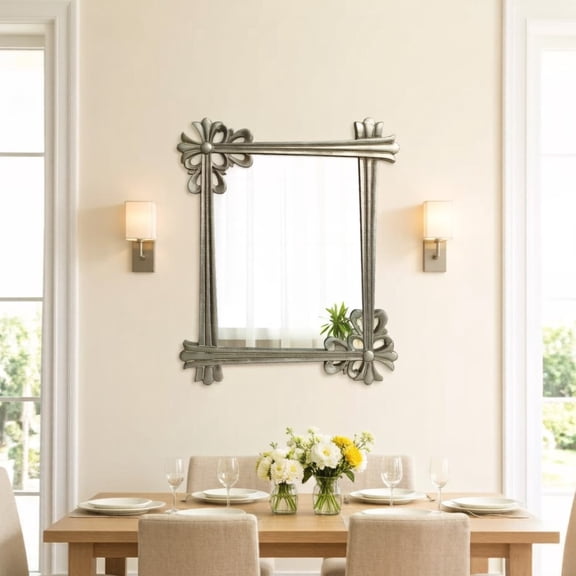 Sintosin Vintage Small Wall Mirror 24X28 inch, Silver Floral Distressed Metal Look Wood Frame, Decorative Square Accent Mirror for Bathroom, Bedroom, Entryway Decor
