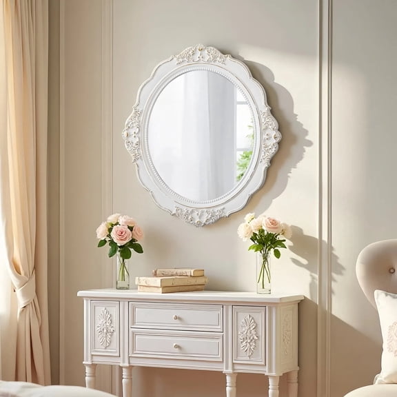 Sintosin 24" Vintage White Round Mirror - Distressed Farmhouse Wall Decor for Bathroom, Bedroom & Entryway