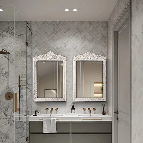 Sintosin Vintage Wall Mirror, Distressed White Rustic Arched Design, 24" x 36", Ornate Baroque Bathroom Antique Mirror