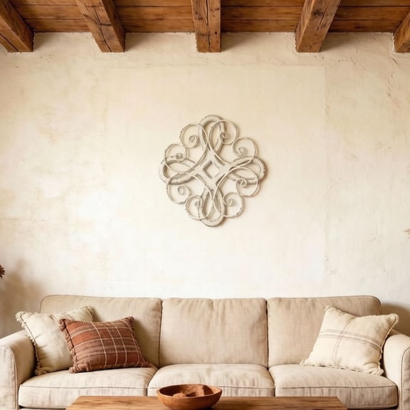 Sintosin Vintage Wrought Iron Wall Decor 22 Inch, Hanging Distressed White Farmhouse Wood and Metal Wall Art Decor, Rustic Medallion Home Wall Decor for Living Room Bedroom Entryway Hallway